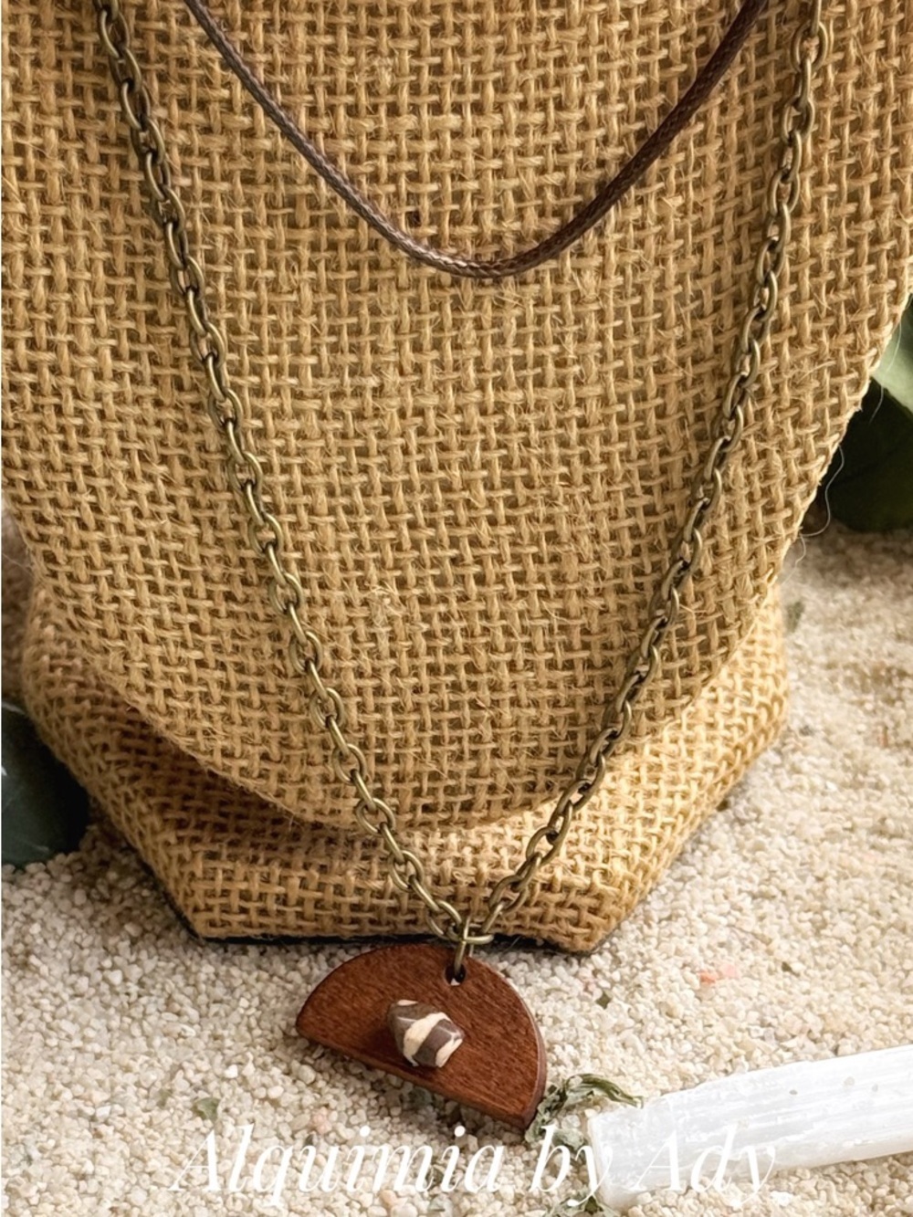 Layered Brown cord Wood Half-Moon Pendant Necklace with Ivory Accent